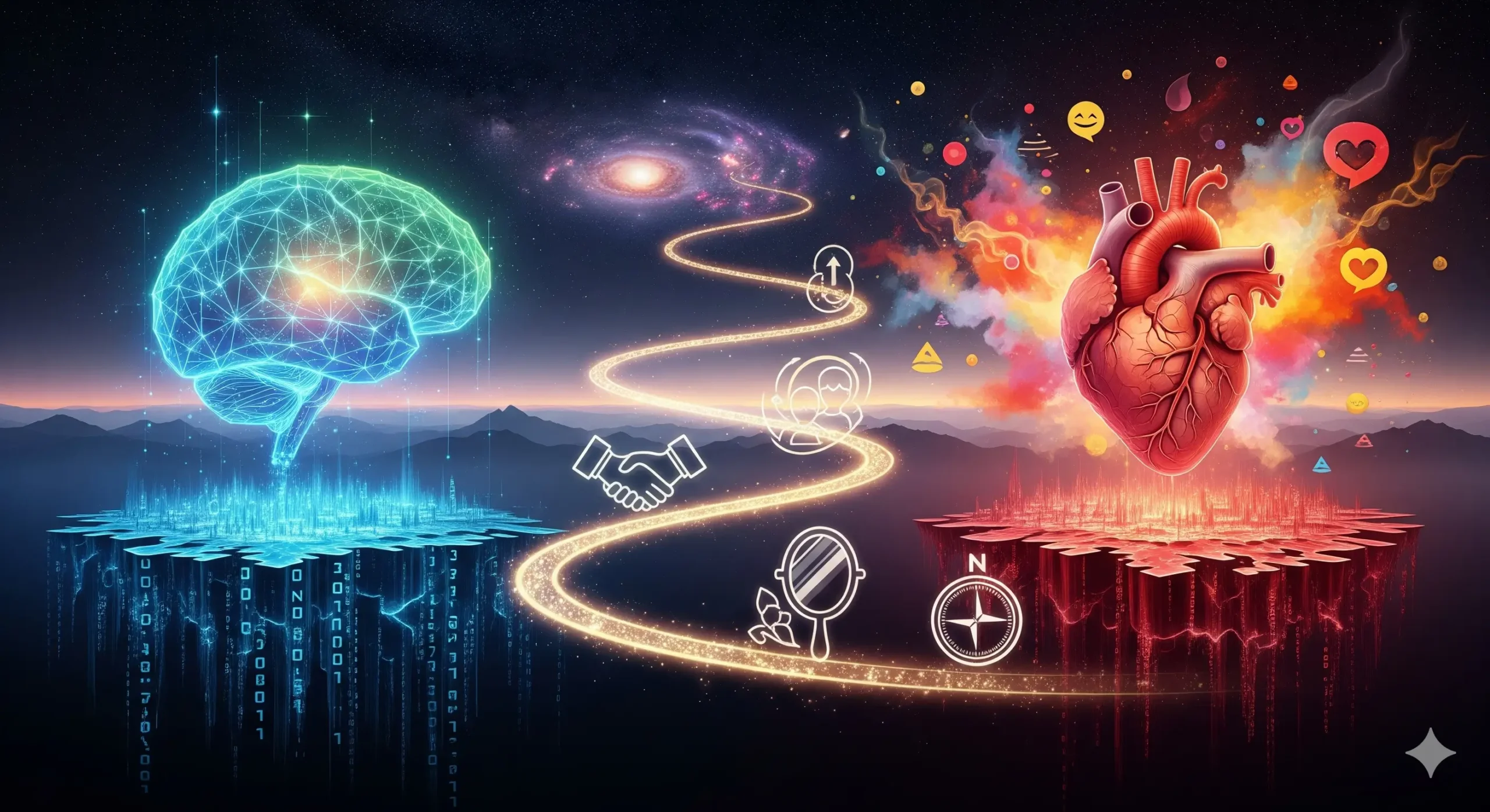 Un puente luminoso conecta un cerebro lógico (luz azul) con un corazón vibrante (luz roja), simbolizando la integración de la lógica y la emoción para el éxito y el desarrollo de la inteligencia emocional.