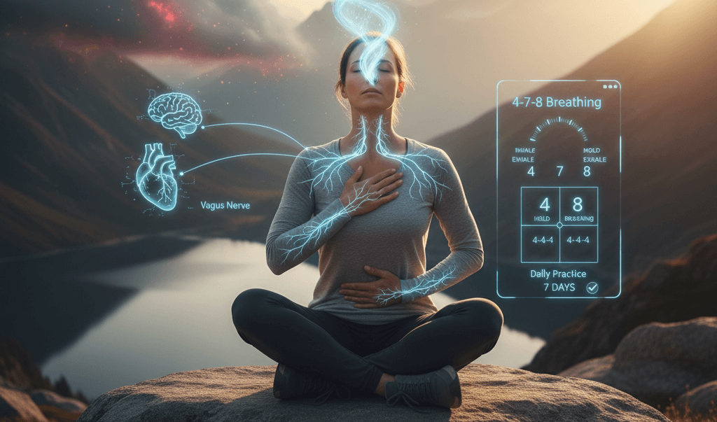 Ilustración que muestra cómo la técnica de respiración 4-7-8 activa el Nervio Vago para aliviar la ansiedad y el pánico.