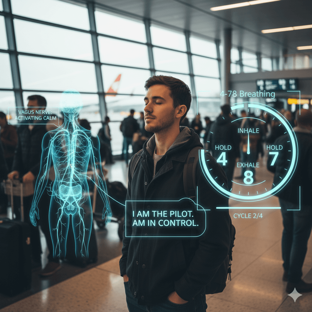 Persona en un lugar público usando la respiración 4-7-8 para calmar un episodio de ansiedad de manera discreta y efectiva.