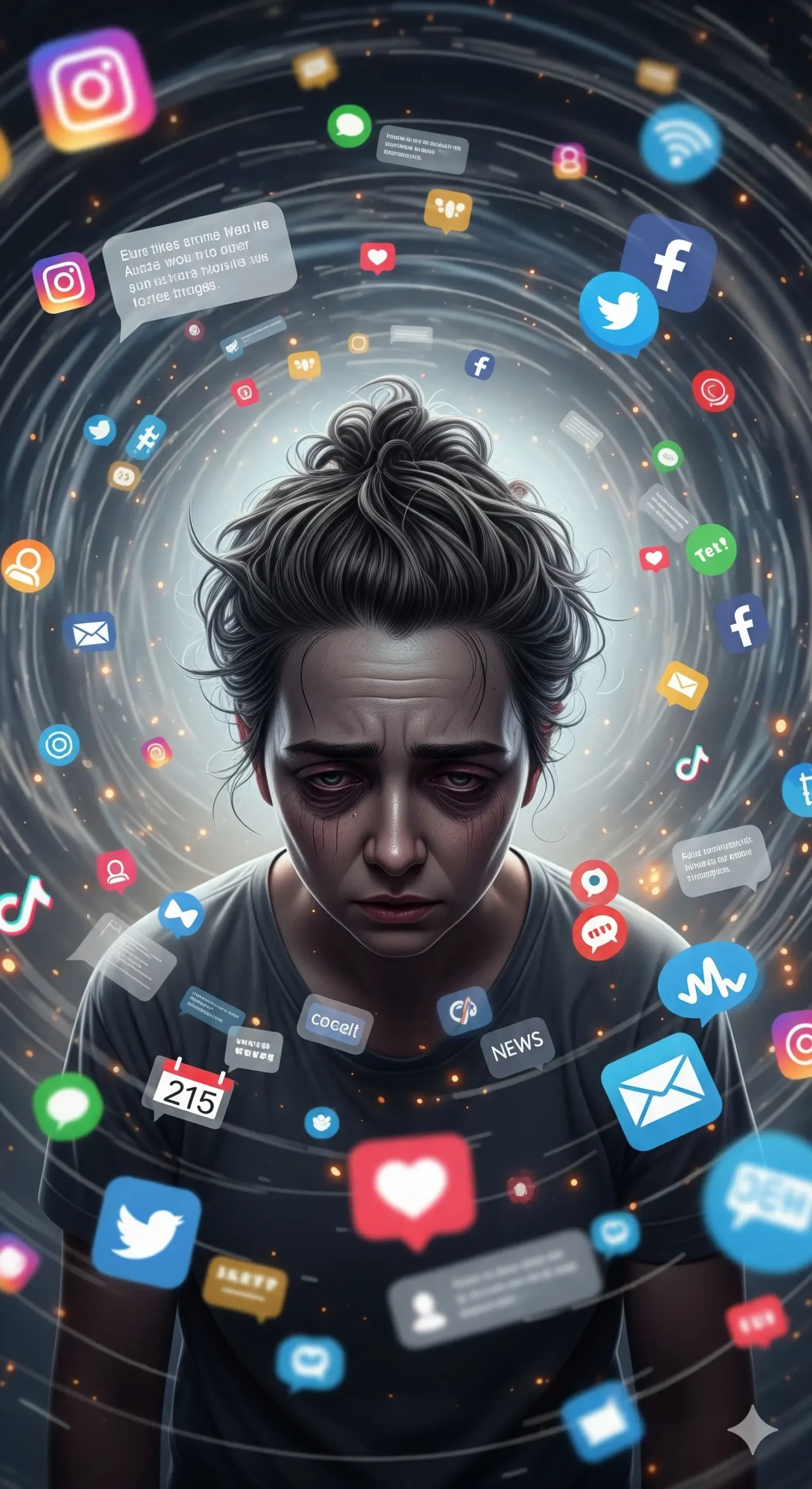 Retrato vertical de una persona con expresión de profundo agotamiento y estrés, con ojeras marcadas y el cabello desordenado. Está rodeada por un vórtice de iconos de redes sociales y notificaciones flotando a su alrededor, simbolizando la abrumadora fatiga digital.