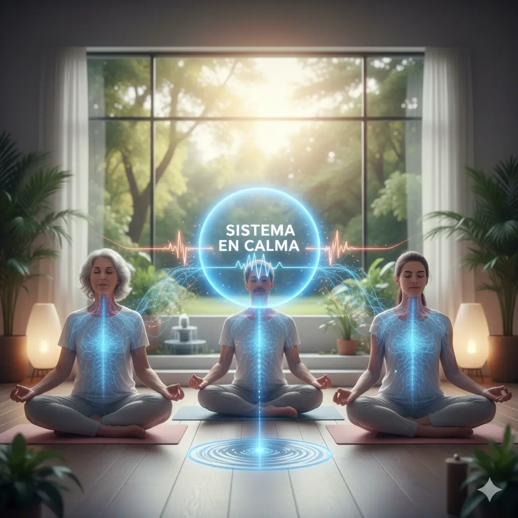 Tres personas meditando en una sala luminosa, con un brillo azul que conecta a una esfera central con el texto 'SISTEMA EN CALMA', simbolizando la reducción del estrés a través de prácticas de mindfulness.