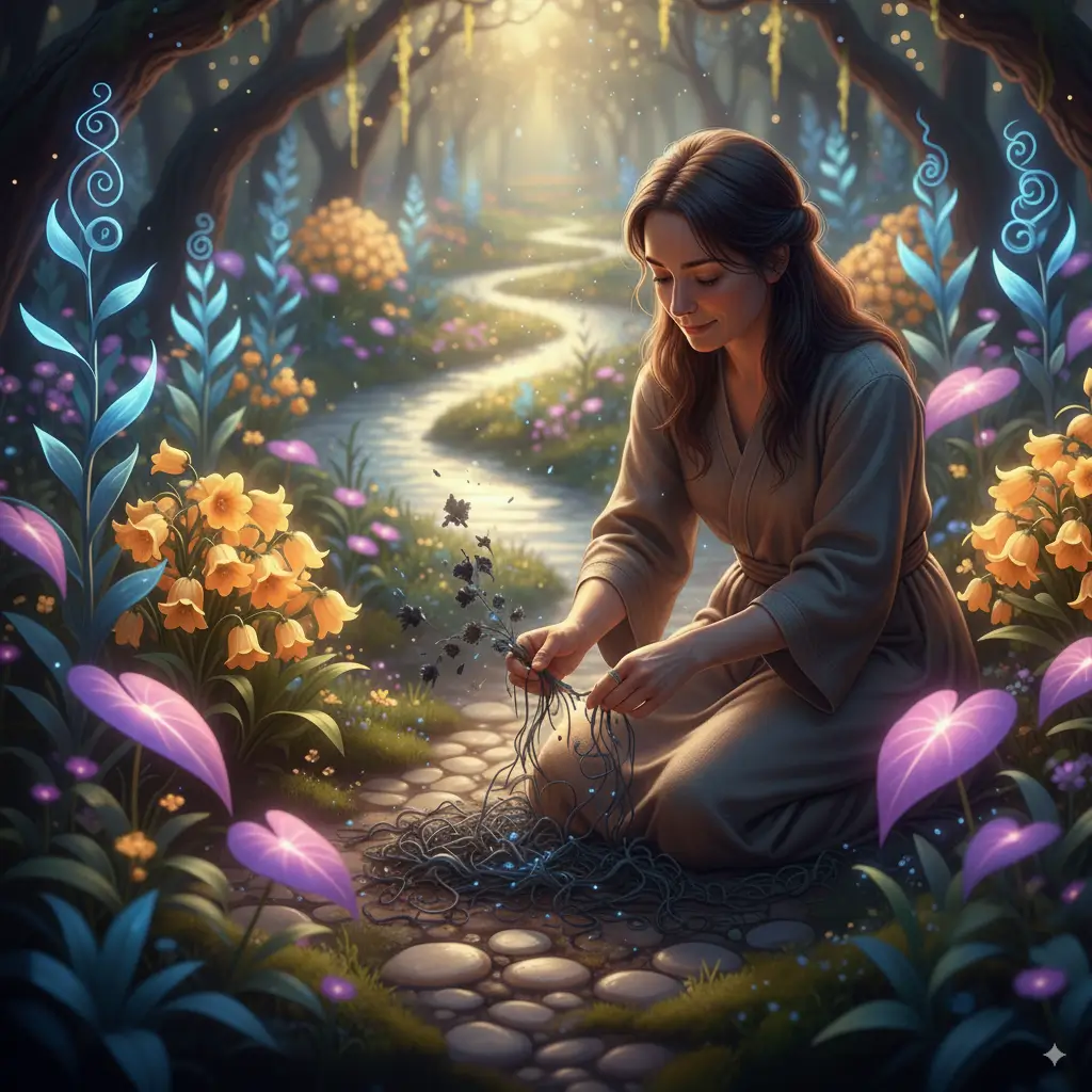 Fotografía ultra-realista de una persona cuidando un jardín mágico. Plantas luminosas de colores vibrantes representan la felicidad y pensamientos positivos, mientras se eliminan pequeñas ramas oscuras que simbolizan el estrés y la ansiedad, reflejando el concepto de 'Tu Cerebro es un Jardín' y la neuroplasticidad.