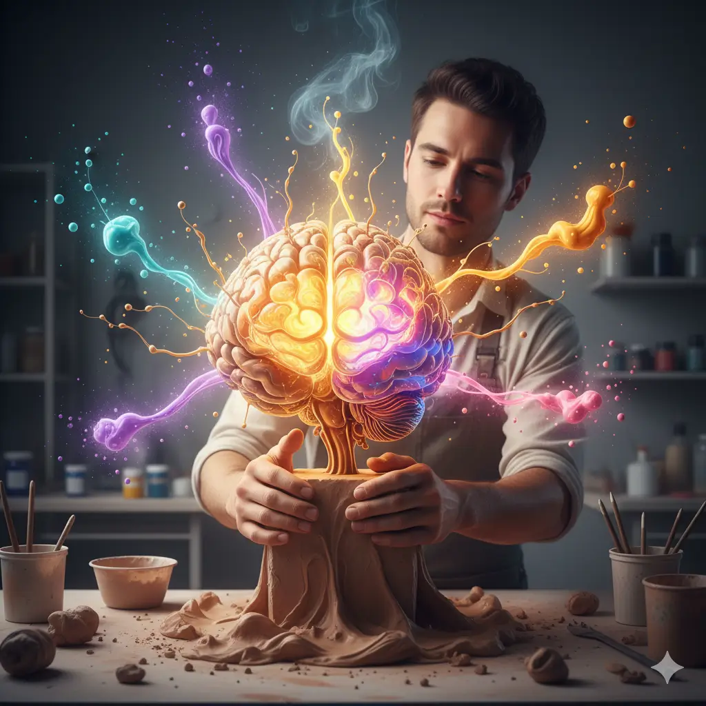 Imagen de un artista esculpiendo un cerebro de arcilla vibrante con luces de colores que representan neurotransmisores y la neuroplasticidad, simbolizando la creación de la felicidad a través de hábitos conscientes.