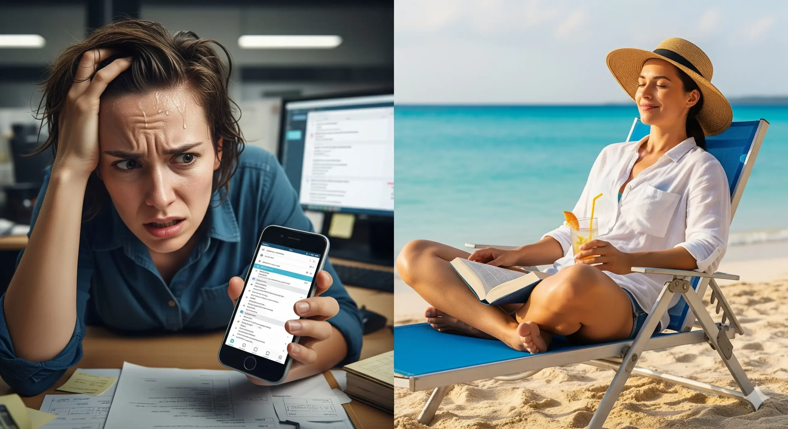 Comparación visual entre una persona estresada en un escritorio y una persona en calma en una playa, mostrando el contraste de sus estados de ánimo.