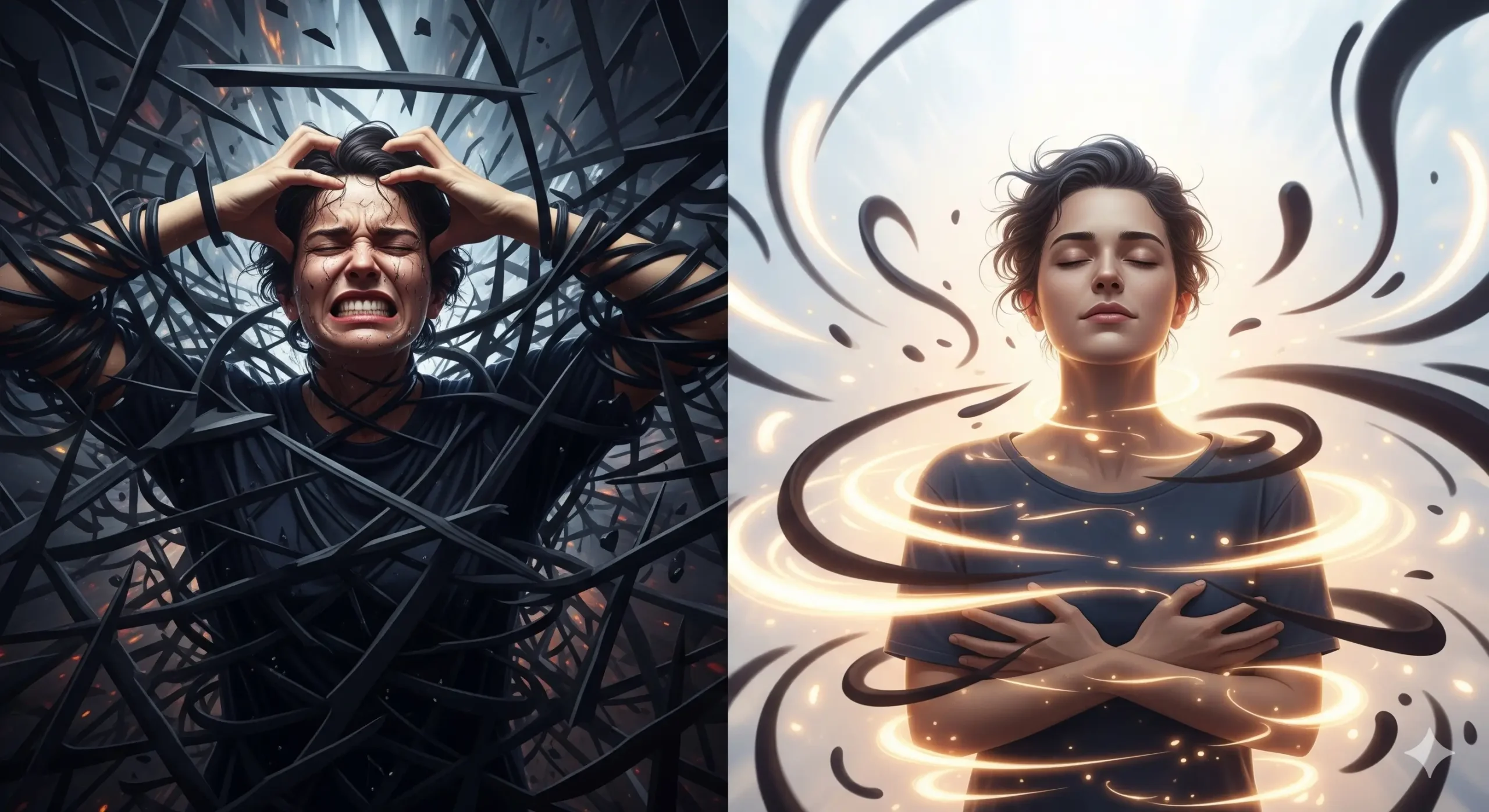 Representación del contraste entre una persona estresada, rodeada de caos y elementos digitales, y la misma persona en un estado de paz y meditación en un entorno natural.