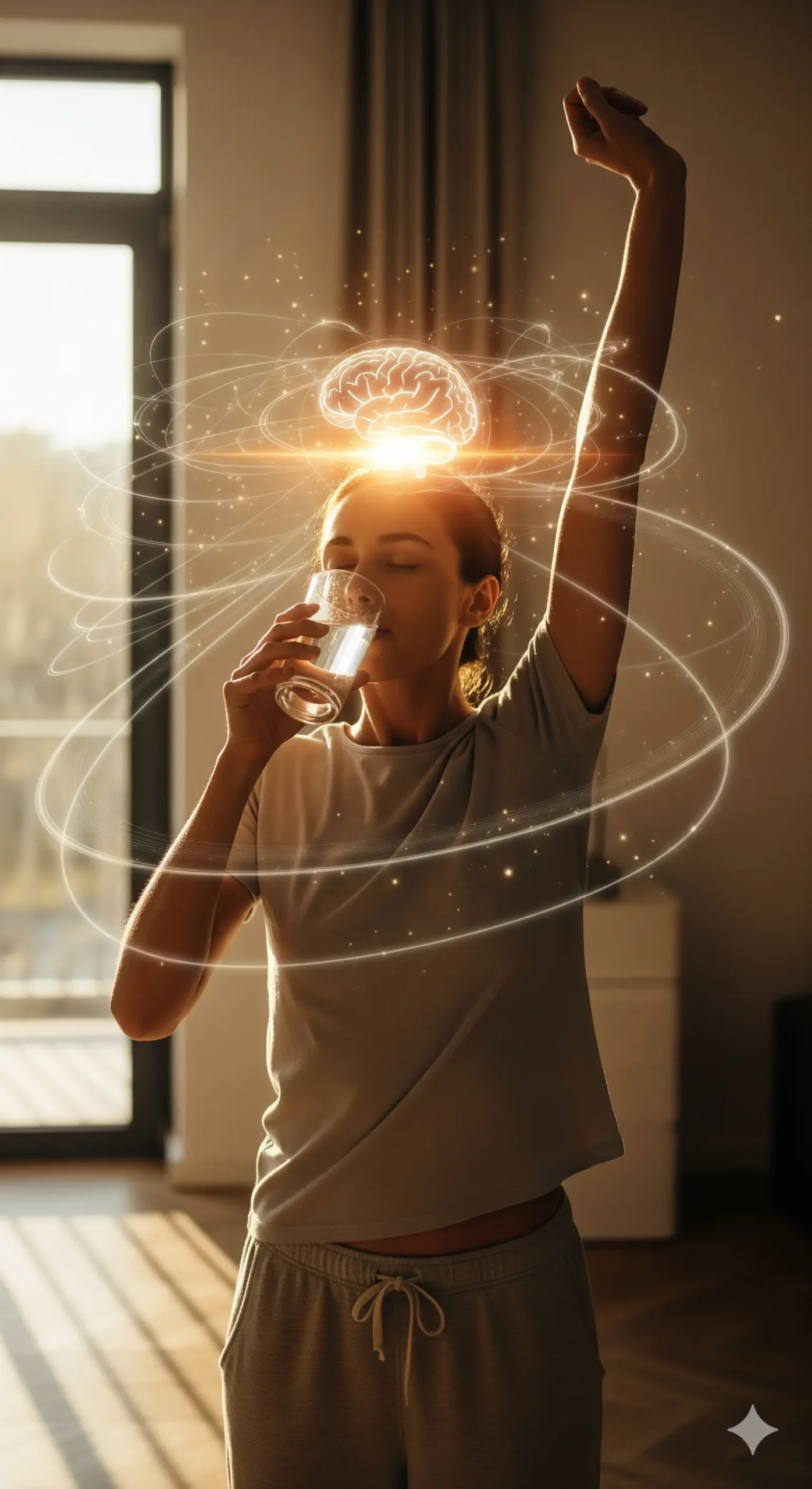 Una mujer meditando al amanecer en un entorno sereno.