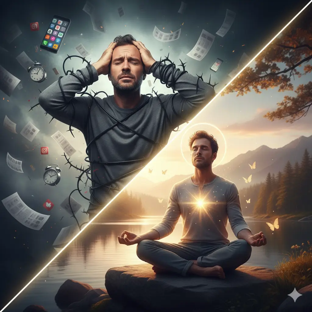 Díptico que ilustra la transformación de un hombre bajo estrés severo y atado por preocupaciones, a uno sereno y meditativo en un ambiente natural, simbolizando la liberación del estrés.