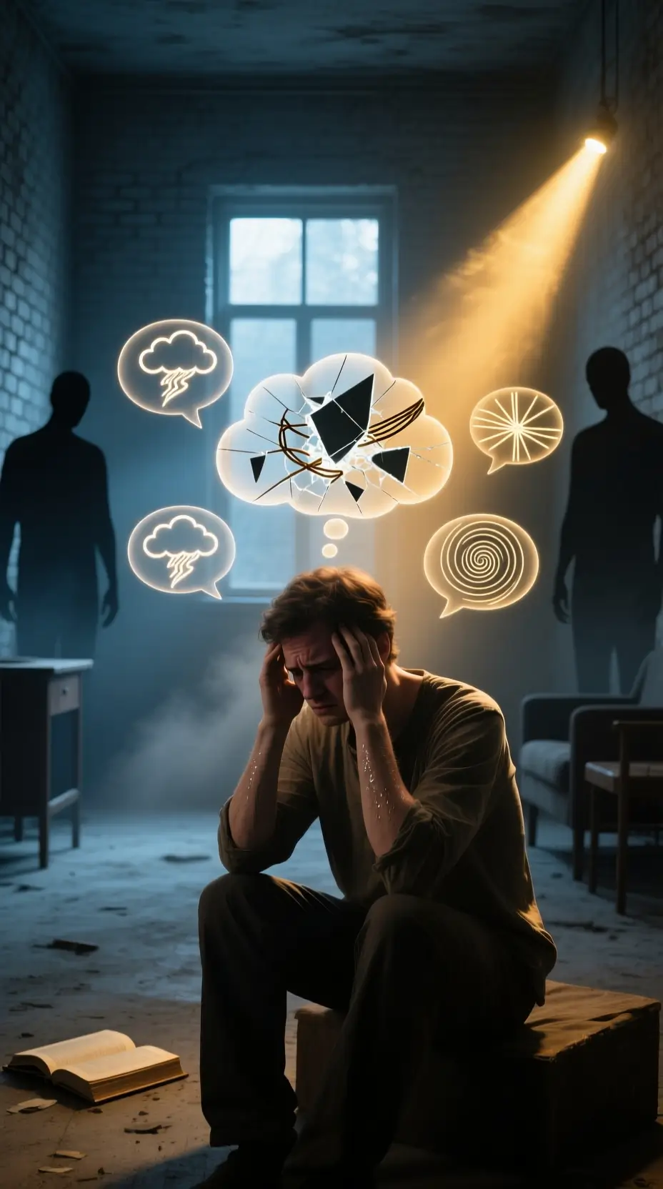 Ilustración de una persona con un candado en la boca y flechas negativas, simbolizando cómo los Pensamientos Negativos Automáticos sabotean la vida.