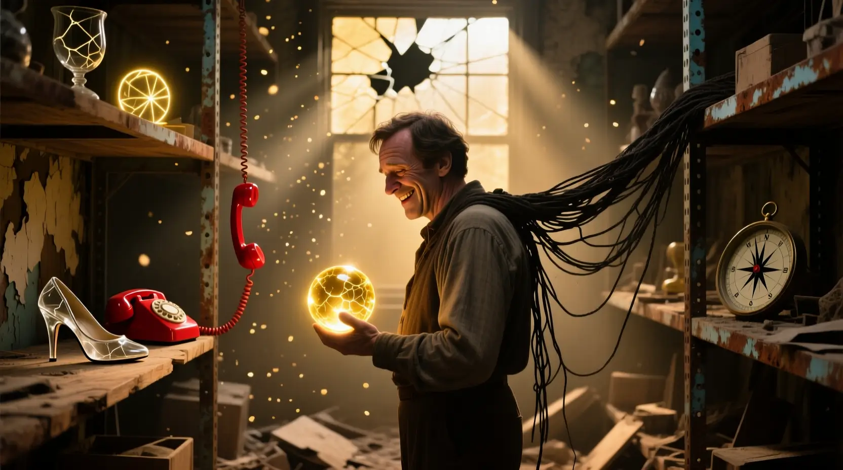 Un hombre de espaldas mirando un almacén lleno de frascos que representan los ecos y la carga emocional.