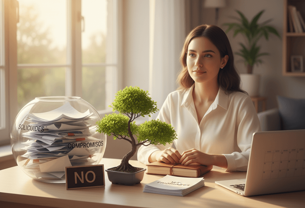 Mujer serena en su escritorio con letrero 'NO', un bonsái, y documentos, simbolizando la protección de la energía y el establecimiento de límites personales. Ideal para temas de autocuidado y gestión de tiempo.