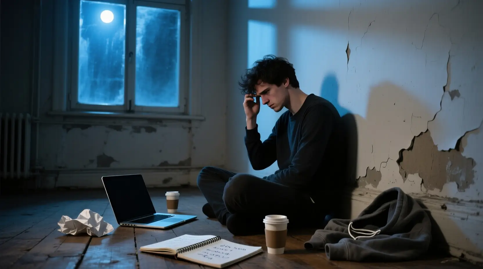 Hombre pensativo superando un fracaso profesional, simbolizando la resiliencia y el crecimiento personal tras una crisis de emprendedor