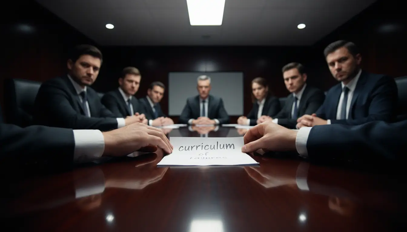 Un hombre en una entrevista presentando un papel doblado como su 'currículum de fracasos' a los ejecutivos.